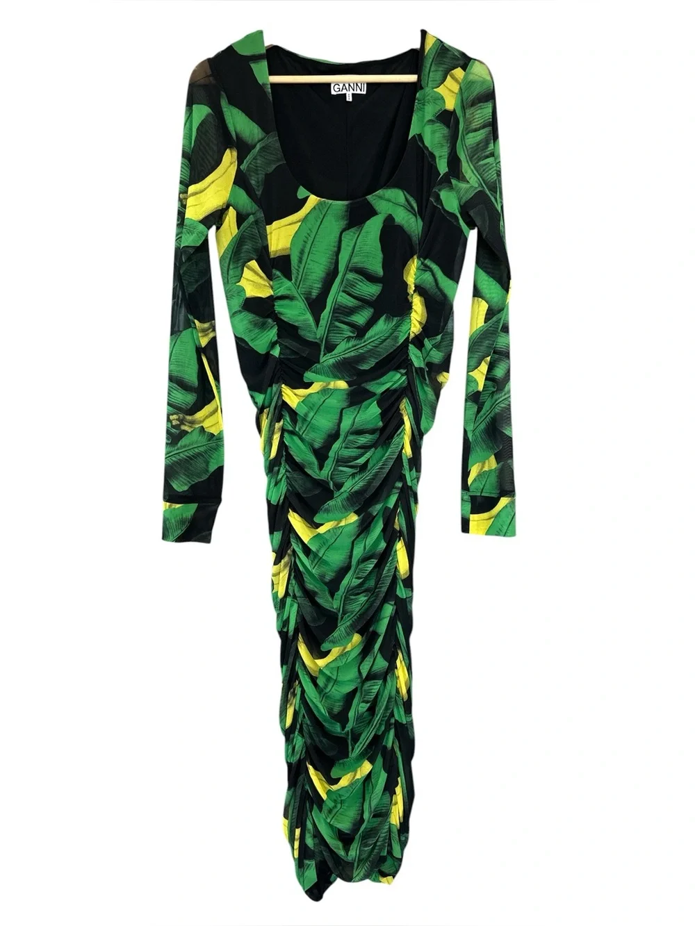 Ganni Tulle Ruched Gathered Bodycon Midi Dress Green Floral Print